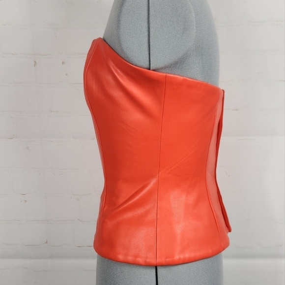 STAUD Tracing Faux Vegan Leather Bustier Strapless Top in Reddish Orange Size 0 - Picture 5 of 15
